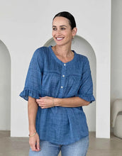 Load image into Gallery viewer, Worthier Marie Ruffle Sleeve Linen Blouse - Blue