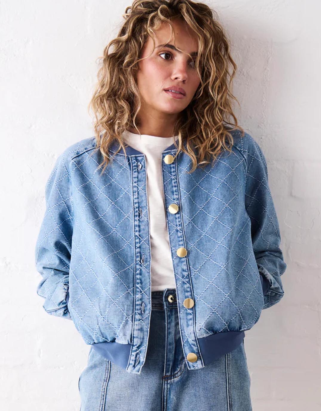 Kireina Sabrina Bomber Jacket - Check Stitch 70s Blue