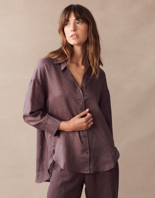 Little Lies Boyfriend Linen Shirt - Cherry