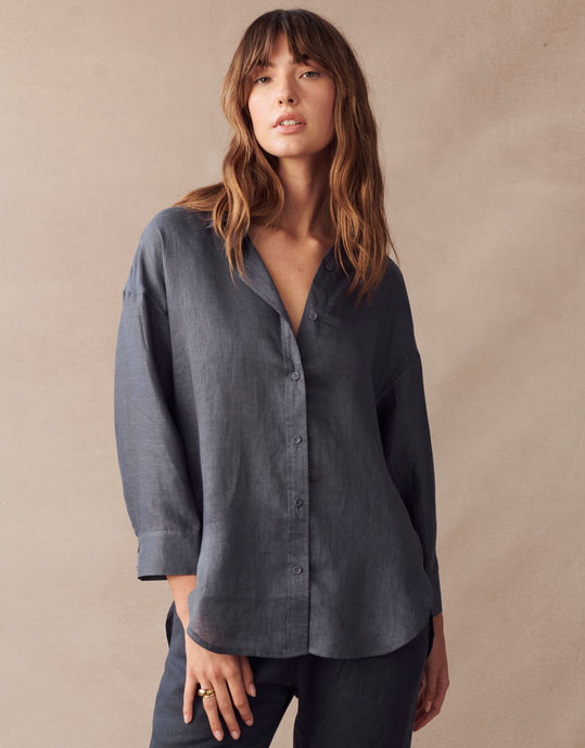 Little Lies Boyfriend Linen Shirt - Navy