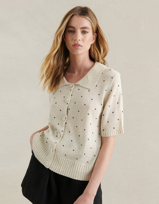 Little Lies Polka Dot Button Knit Top - Natural