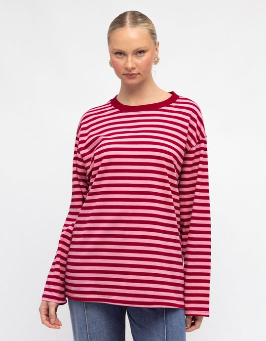 Paper Heart Long Sleeve Stripe Tee - Wine/Pink
