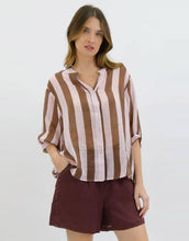 Load image into Gallery viewer, Worthier Dorothy Linen Shirt - Pink/Choc Stripe