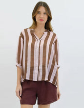 Load image into Gallery viewer, Worthier Dorothy Linen Shirt - Pink/Choc Stripe