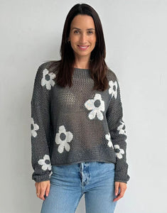 Worthier Flower Knit Top - Grey