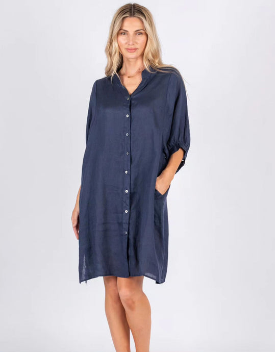 Worthier Nina Linen Shirt Dress - Navy