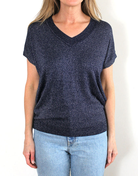 Frankies V-Neck Lurex Tee - Navy