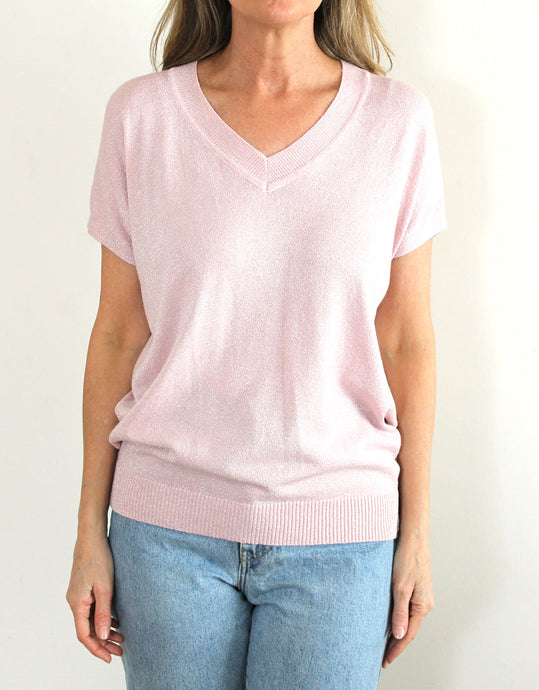 Frankies V-Neck Lurex Tee - Pale Pink